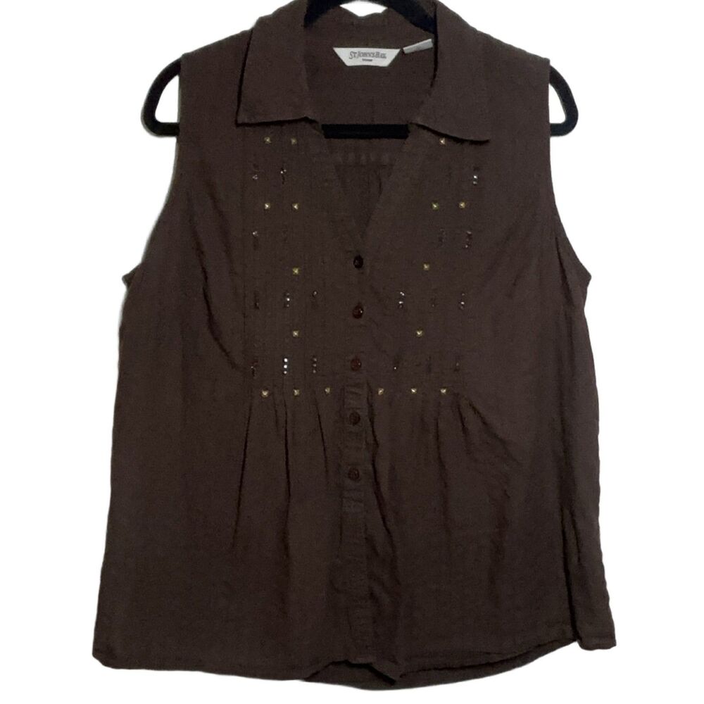 St. John's Bay Women's 1X Sleeveless Button Up Shirt Brown Cotton Studded